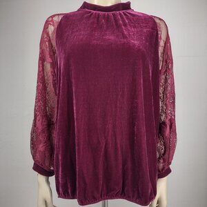 John Mark burgundy dark red velour keyhole back lace sleeve blouse ladies Medium